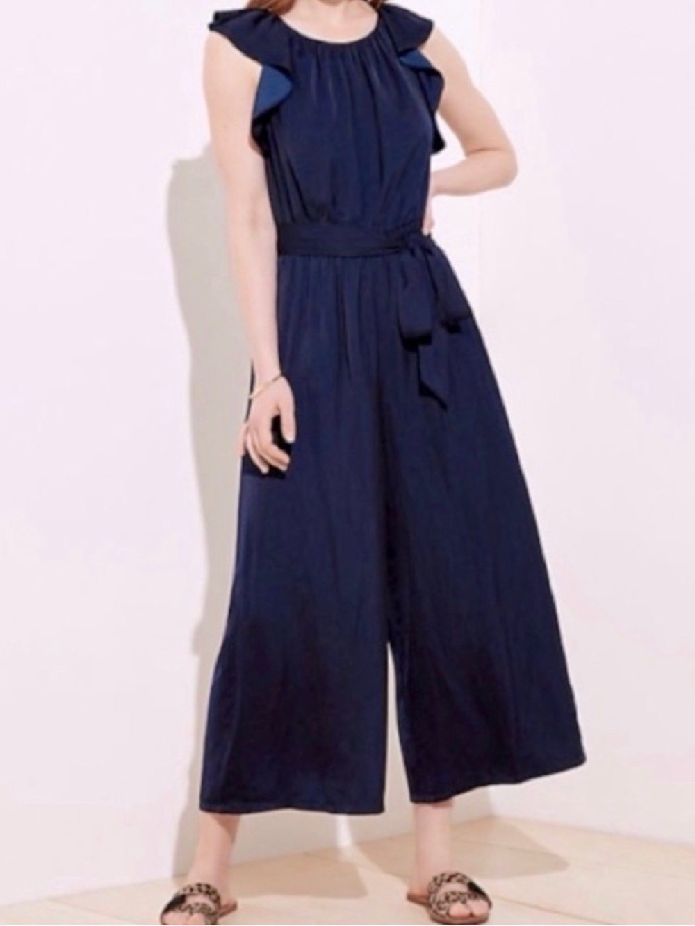 LOFT Women's Navy Ruffle Shoulder Jumpsuit